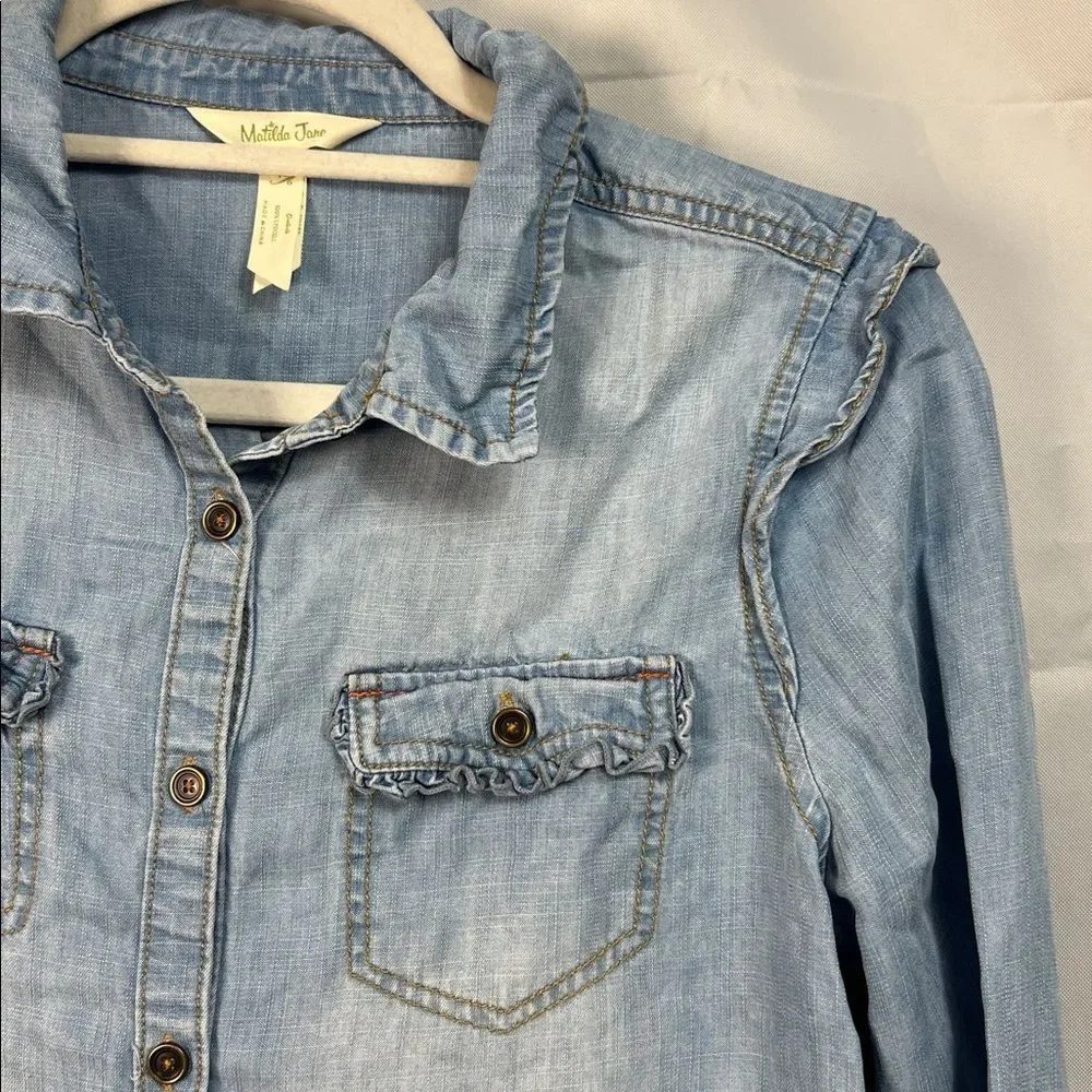 Matilda Jane Blue Chambray denim shirt with ruffle details size 16